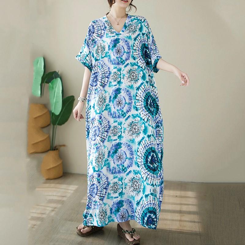 Short Sleeve Plus Size Cotton Satin Vintage Floral New In Dresses for Women Casual Loose Long Summer Dress