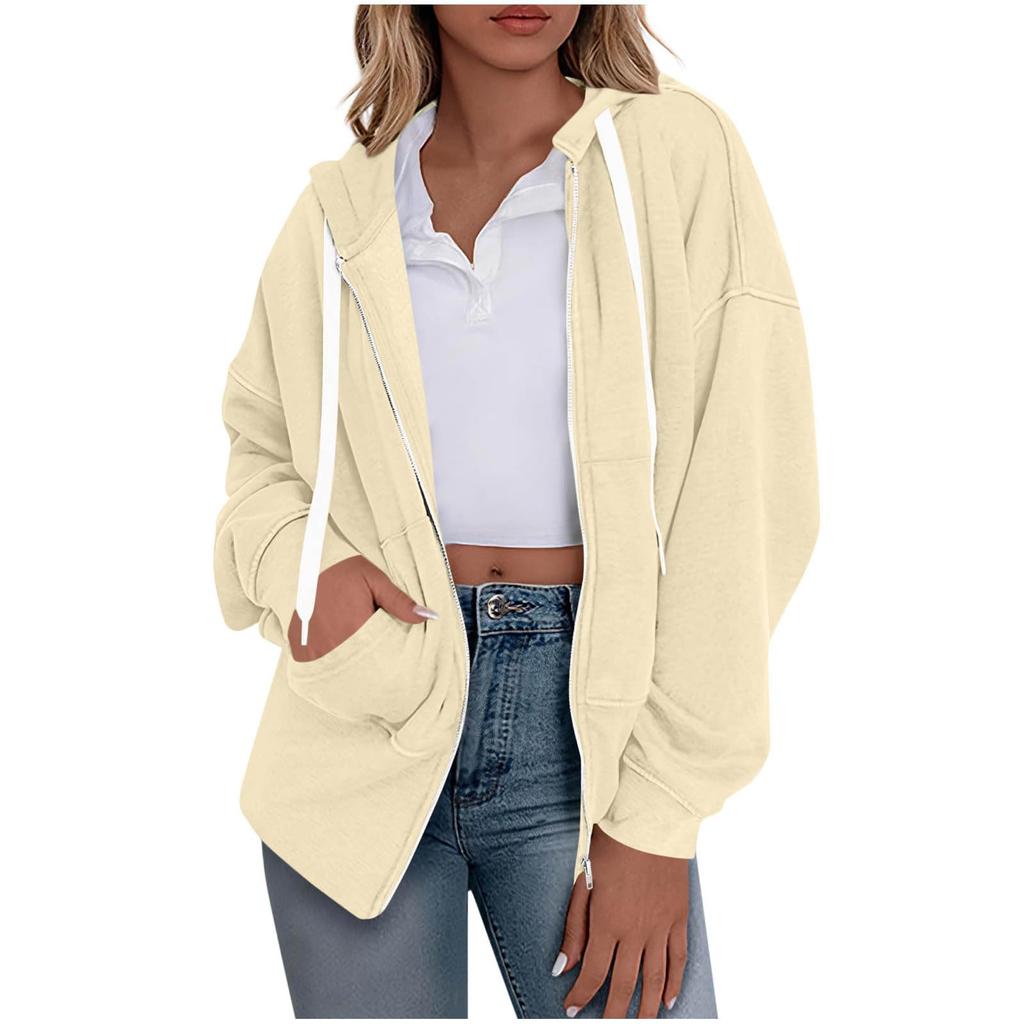 Women's Fashionable Solid Color Long Sleeved Hooded Sweatshirt With Loose Zipper Pocket Jacket