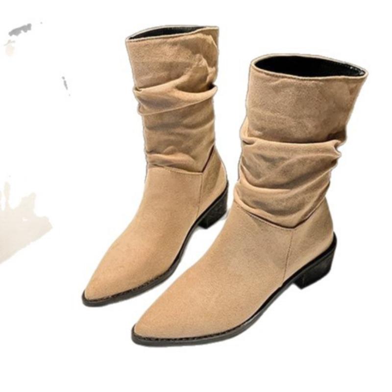Retro pleated medium tube thin boots new western cowboy stack boots pointed thick heel women's boots