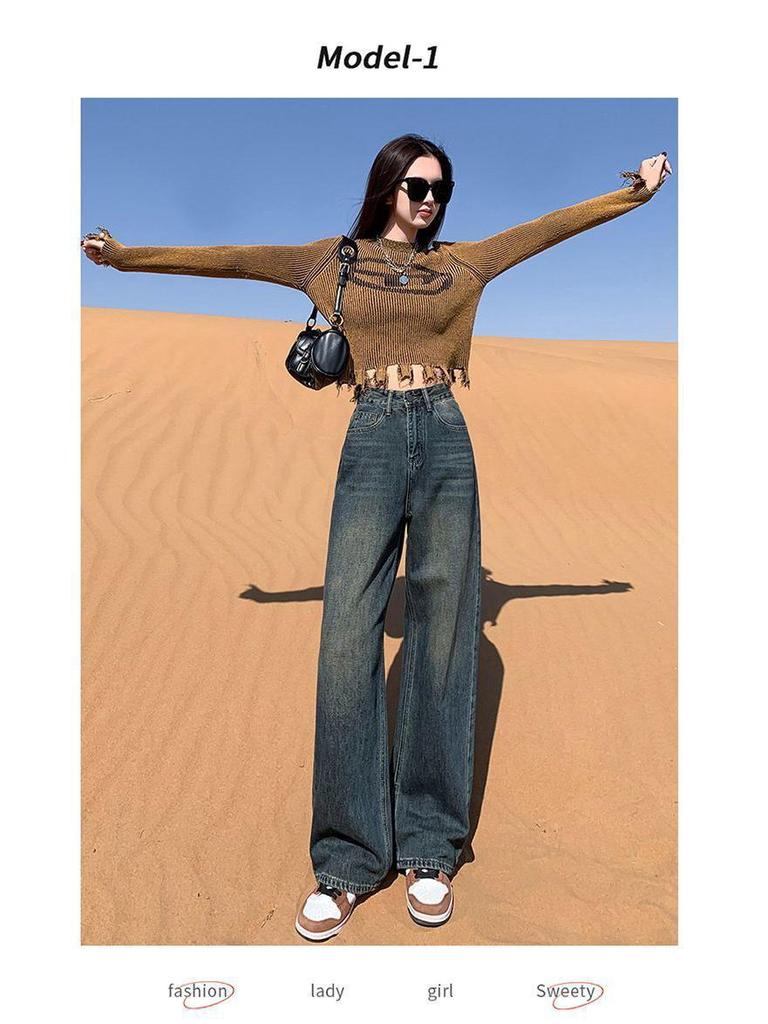 Black-Gray High-Waisted Wide-Leg Jeans for Women - Velvet-Lined, Thick, Loose-Fit, Slimming, Straight-Leg, Floor-Length, Petite, Trendy Pants