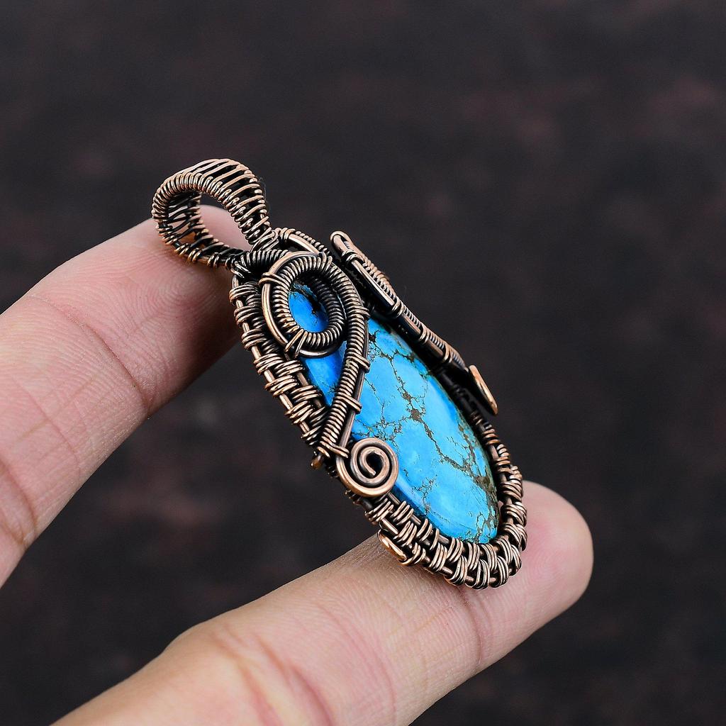 Tibetan Turquoise Pendant Copper Wire Wrapped Pendant Handmade Pendant Tibetan Turquoise Jewelry Gemstone Pendant Copper Jewelry For Gift