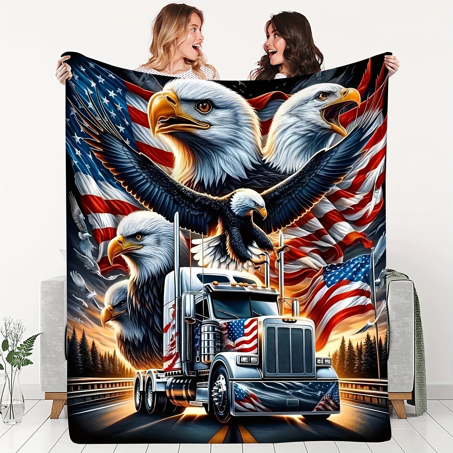 

VIKAMA American Retro Patriotic Blanket Truck And Domineering Bald Eagle Flannel Car Bedroom Sofa Decoration 74x94cm(29x37in)