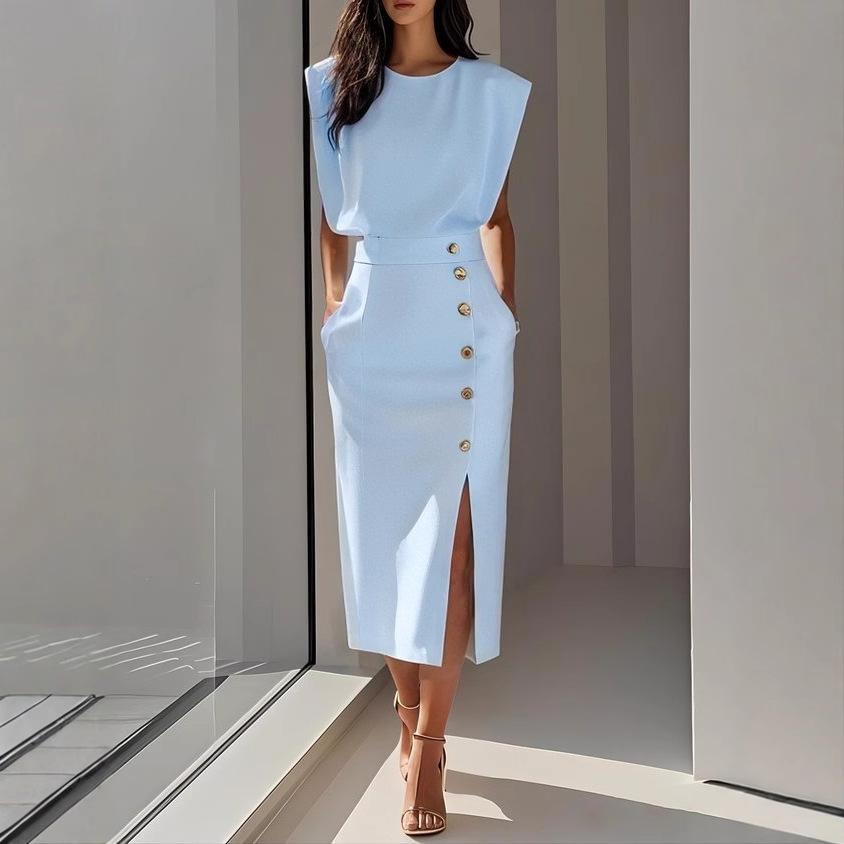 Women's White Sleeveless Blazer Top with Wide Shoulder Pads and Matching Midi Skirt Set