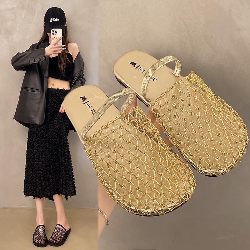 Fashion Hollowed-out Fishing Net Breadhead Flip-flops for Women In 2025 Summer Korean Style, New Flat and Casual Outerwear