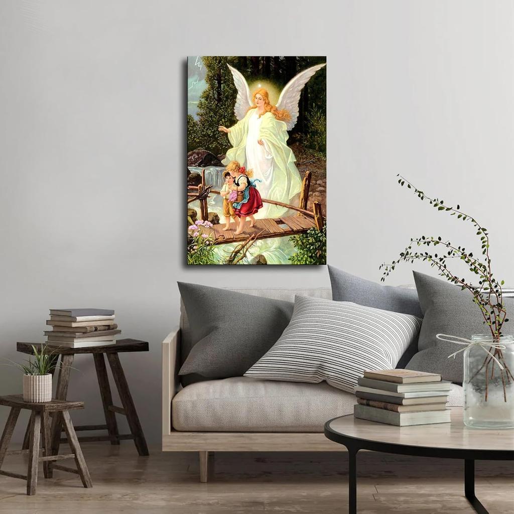EsaSam Guardian Angel With Children On Bridge Poster Canvas Picture Printing Wall Art Decoration Posters Aesthetic Living Room Bedroom Home
