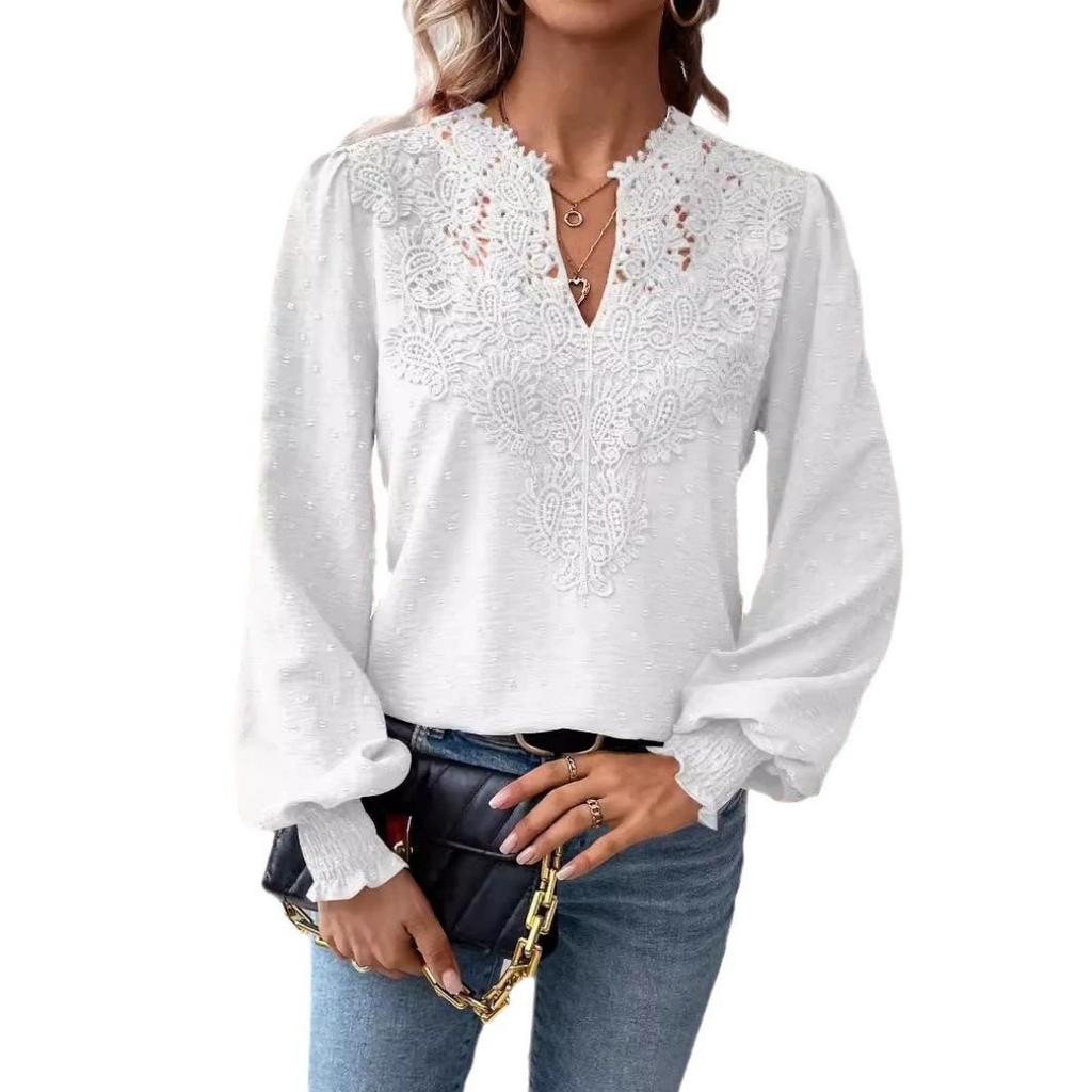 Fashion V-neck Lace Solid Color Long-sleeved Casual T-shirt Women's Top
