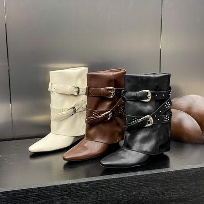 Women's Round Toe Niche Design Belt Buckle Decorative Sleeve Boots European and American Sexy Nightclub Runway Boots