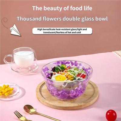 Double-layered Glass Salad Bowl with Dried Flowers