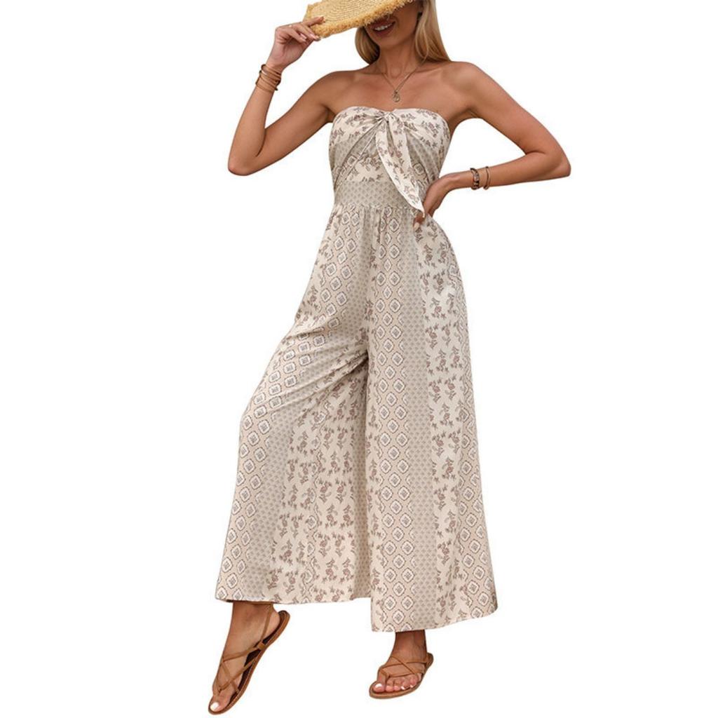 New European American Style Geometric Print Strapless Jumpsuit, Vacation Beach Wide Leg Long Romper