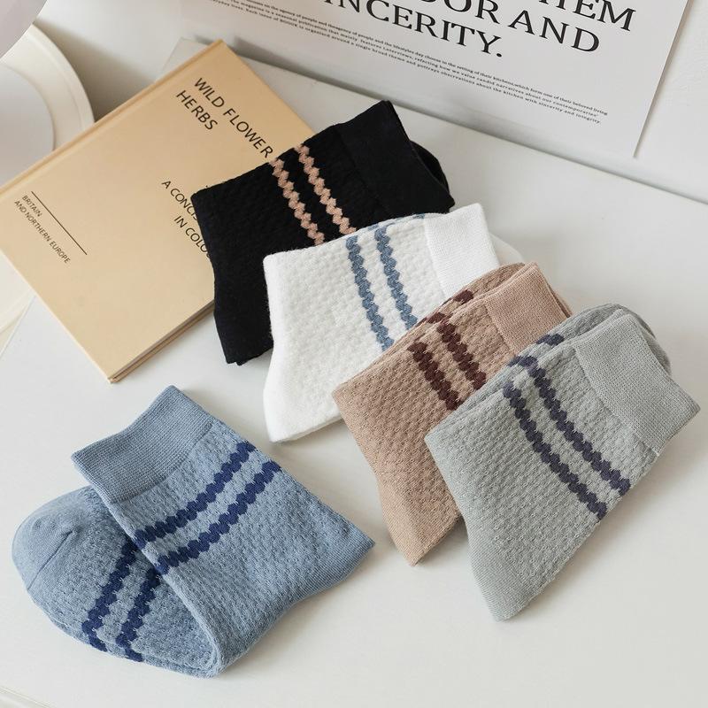 5/10 Paar Herren Doppelstrick Jacquard Streifen Mittelwaden Socken Herbst Gekämmte Baumwollsocken Bequem