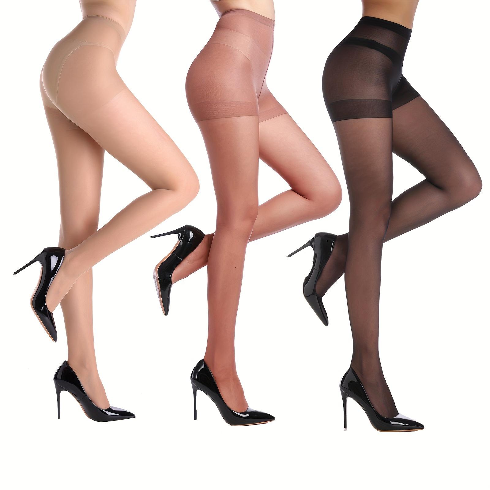 

3 Pairs Plus Size Women’S Sheer Tights 20D High Waist Control Top Pantyhose With Reinforced Toes M