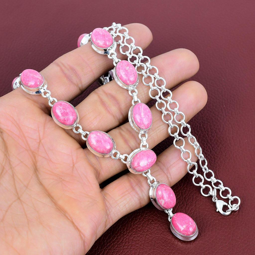 Thulite Necklace Genuine Gemstone Necklace Handmade Jewelry 925 Sterling Silver Necklace Adjustable Chain Necklace Silver Jewelry for Gifts