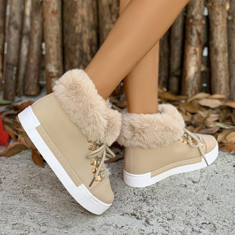 Women's Winter Short-Booties with Long Fur Trim, Leather-Look Snow Boots, Plus Size with Fleece Lining and Thickened Soles