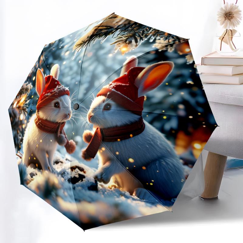 1pc Sturdy 8-Bone Auto Umbrella, Christmas Likable Bunny Umbrella, Digital Printed, Foldable Umbrella for On-the-Go Outdoor Use