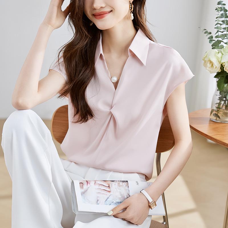 Camicia da donna estiva 2025 in stile francese a maniche corte con design a catena di perle ritorte