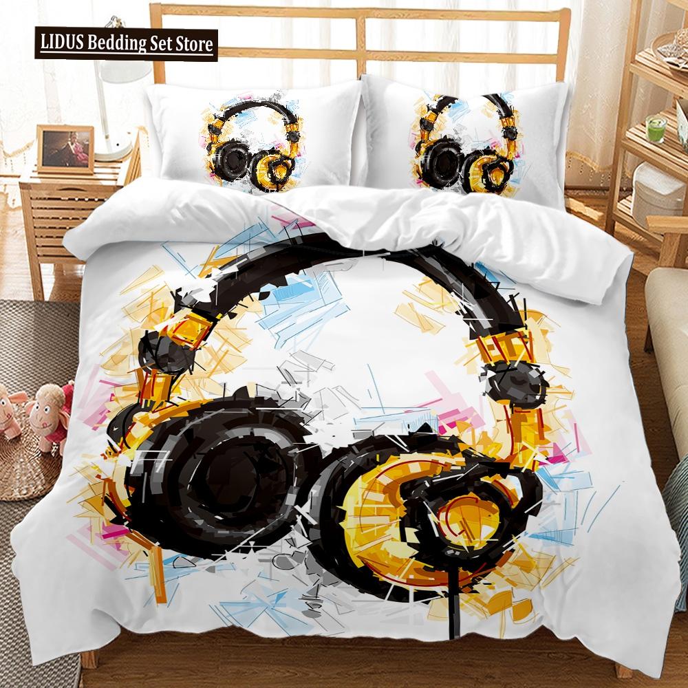 Headphones Duvet Cover Set Rock Music Melody Note Comforter Cover Pink Headset Polyester Bedding Set For Kid Boy Girl King Size