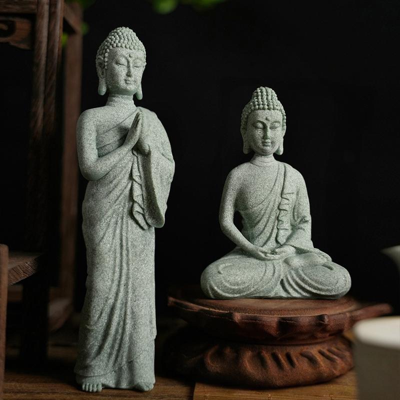 1 szt. Mini Figurka Buddyzmu Dekoracja Biurka Dekoracja Domu Statua Zen Zielony Piaskowiec Ornament Tajlandia Statua Buddy Ozdoba Ogrodowa Dekoracja Akwarium