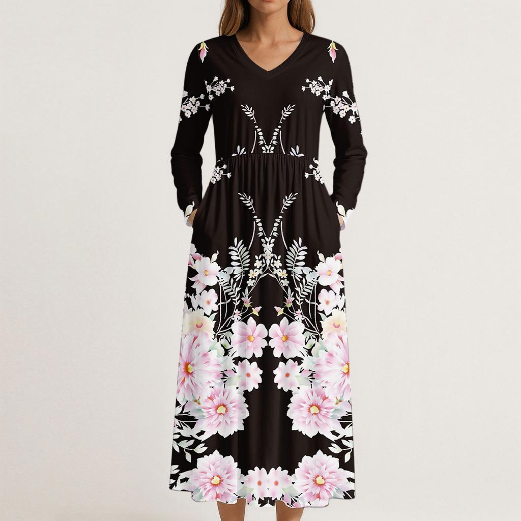 Šaty Pro Ženy Dlouhé Boho Plážové Šaty Elegantní Maxi Šaty Výstřih do V Dlouhý Rukáv Šaty s Kapsami