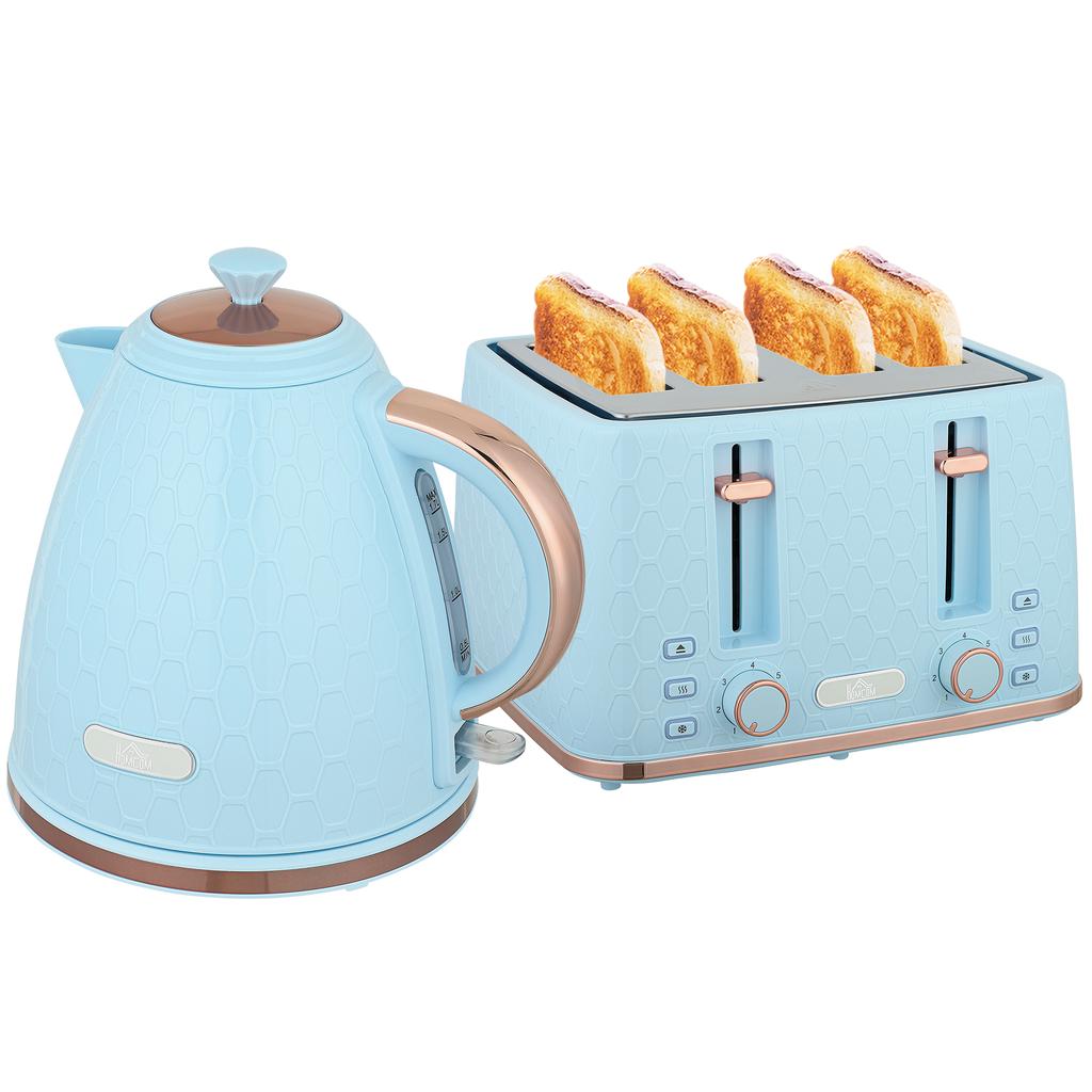 Kettle and Toaster Set, 1.7L 3000W Fast Boil Jug Kettle, 4 Slice Toaster with 7 Level Browning Controls, Light Blue
