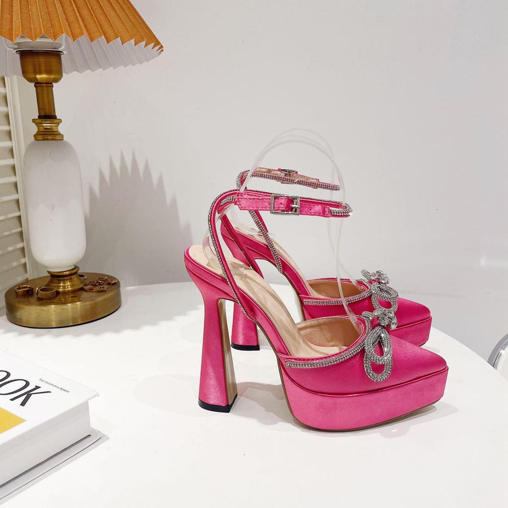 Black Rhinestone High-Heeled Sandals with Waterproof Platform and Butterfly Wide Fit