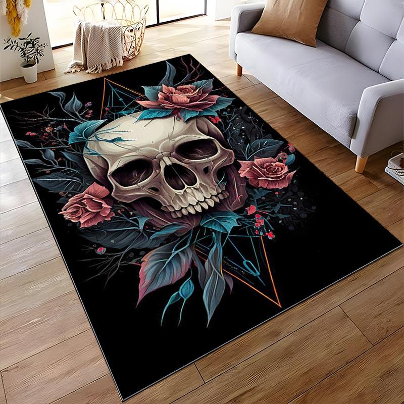 Skull Floral Art Carpet with Roses and Leaves On Black Background Suitable for Use As an Anti-slip for Living Room Bedroom Sofas