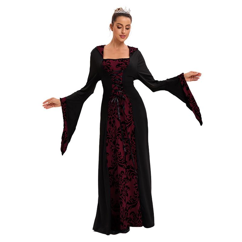 Women's Dinner Medieval Hooded Pendulum Dress Printed Retro Literary Long Sleeve Lace Up Waist