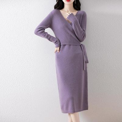 Vestido de suéter para mujer 100 % lana MODERNA NUEVA SAGA Jersey largo de punto con cuello en V Jersey de invierno Vestido largo de lana para mujer