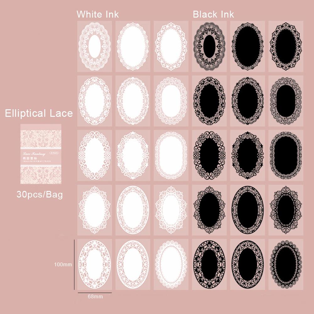 30pcs/pack Unrepeated Patterns Vintage Lace Stickers Black Ink White Ink Various Lace Boarder Sticker Card Journal Scrapbooking