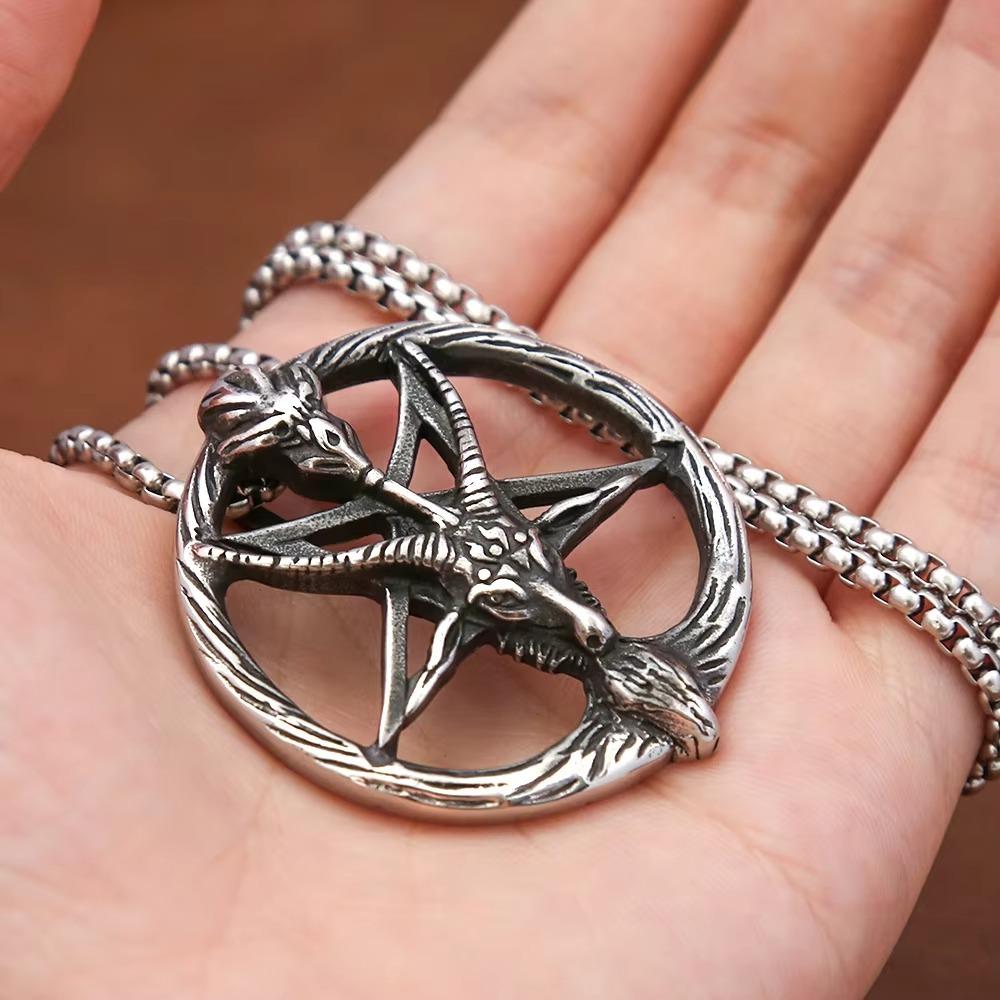 Vintage Sheep Head Pendant Necklace for Men Women GIft Stainless Steel Punk Hip Hop Animal Amulet Gothic Pentagram Goat Jewelry