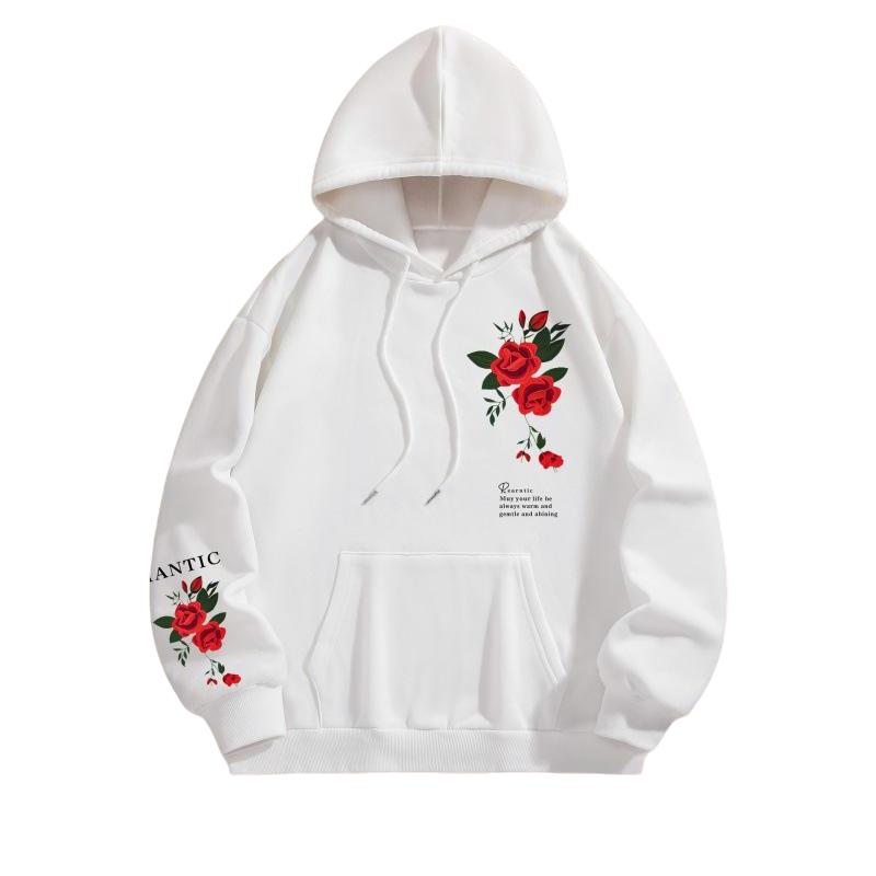 Ladies Spring Autumn Casual Hooded Long Sleeve Big Pocket Flower Printed Pullover Hoodies Sweatshirt Top