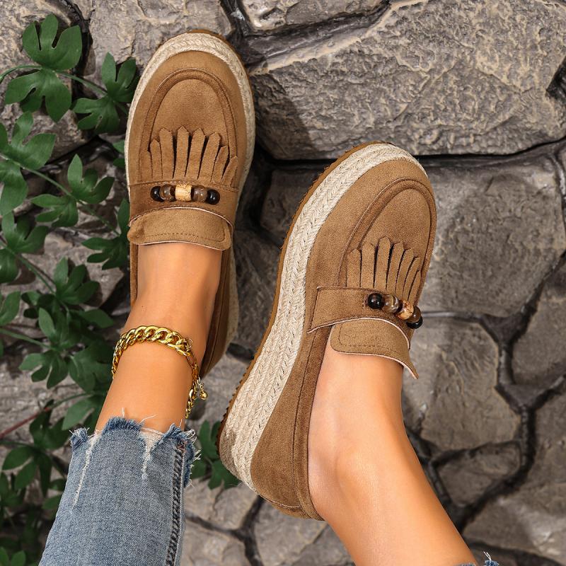 Mocassini da Donna Autunnali Comodi con Zeppa in Canapa, Decorazione Colorata con Perline Boemia, Nappine alla Moda, Scarpe Slip-On in Suede