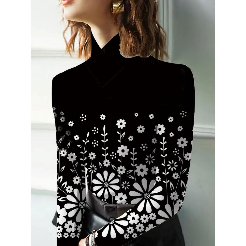 Women's Cheongsam Collar Long-sleeved T-shirt, Made of Polyester Knitted Fabric, Regular Version, Suitable for All Seasons