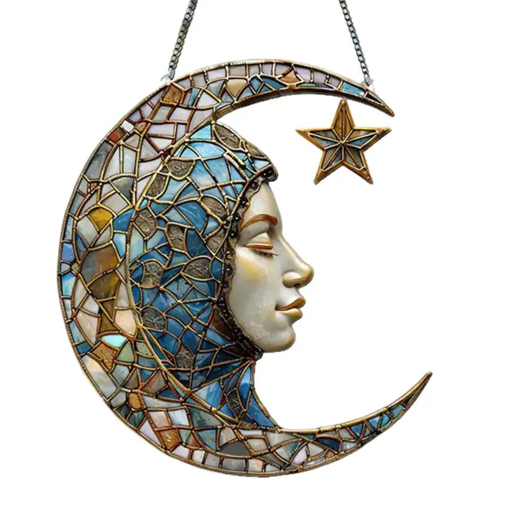 1PCS Retro Colored Disc Hanging Decoration 2D Acrylic Pendant Stained Window And Ornament Moon Hanging Sun Suncatcher W2R2