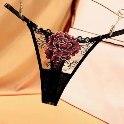 Women G-string Knitting Slim Fit Seductive Chic Thin Intimate Flower Embroidery for Honeymoon