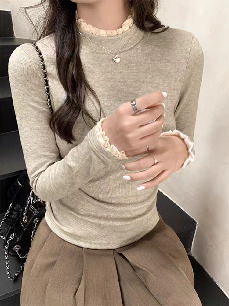 

Design Sense Women s Lace Trim Brushed Long Sleeve T-Shirt Base Layer - Winter Semi-High Neck Top M