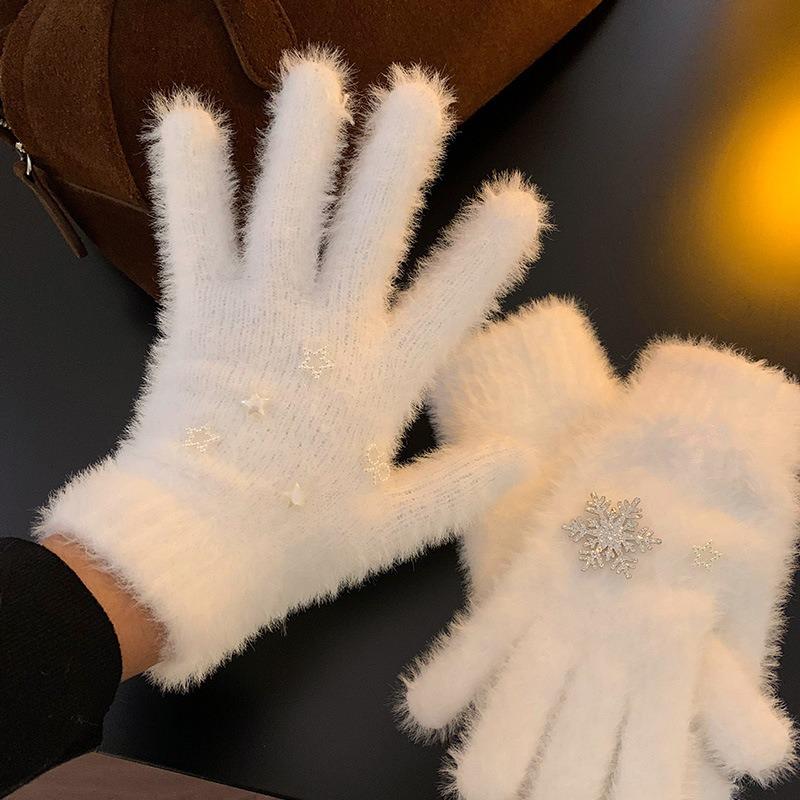 White Snowflake Knitted Wool Gloves for Women To Keep Warm In Winter, Thickened, Furry, Student Cycling, Cold and Windproof, Finger Separation