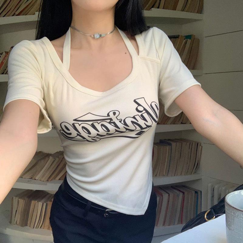 

Plus Size Halter Neck Slim Fit Short Sleeve T-Shirt for Women - Summer Design 2XL (60-65kg) білий