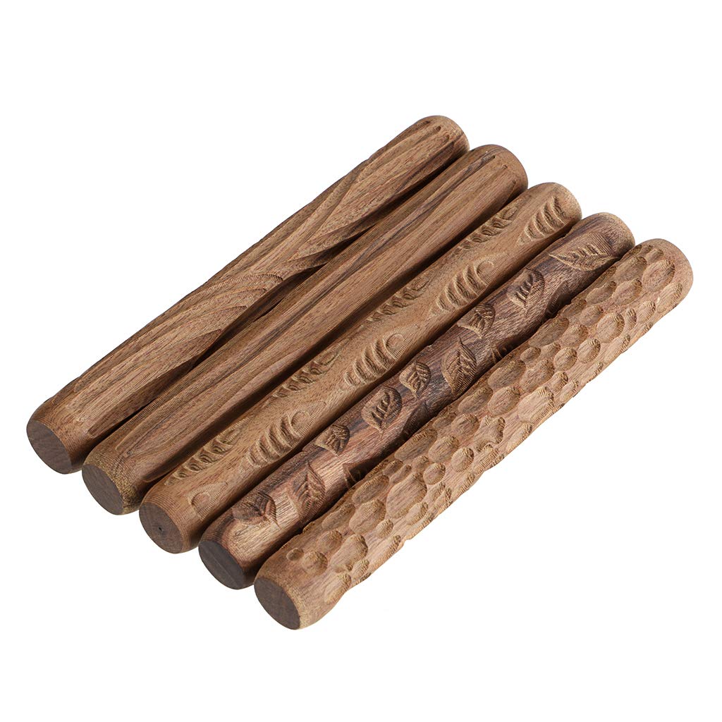 Sumnacon Pottery Clay Stamping Wooden Hand Different Set of 5 Tool, Roller, Patterns,