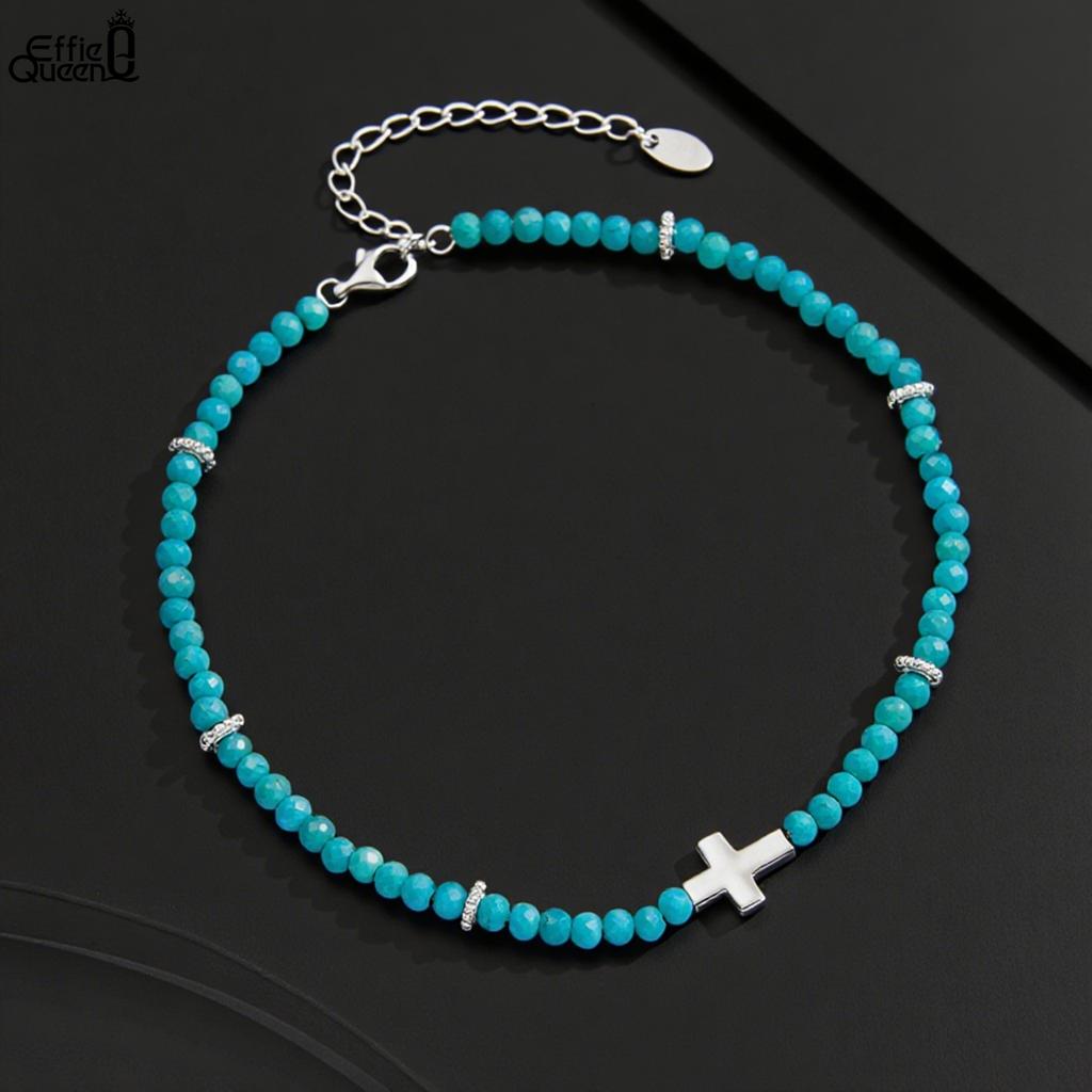 Effie Queen Refined 925 Sterling Silver Cross Anklet Natural Turquoise Strand Chain Perfectly Crafted Jewelry for Religion SA86