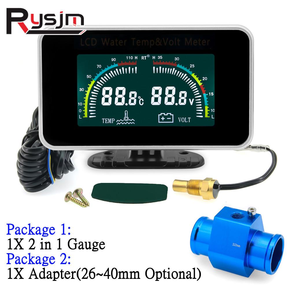 12V/24V 2 IN 1 Car LCD Gauge Water Temperature Meter Thermometer Voltmeter Gauges +10mm Temp Sensor 26~40mm Adapter(Optional)