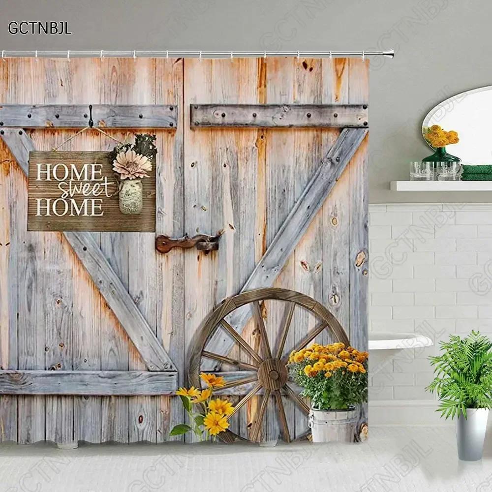 Retro Wood Doors Shower Curtain Set Rustic Old Vintage Barn Door Fabric Bathroom Curtains Farmhouse Bath Decor Bath Screens Hook