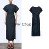 Spring New Women's Clothing Hem Side Slit Ruched Decorative Short Sleeve Wide Round Neck Dress 2949029