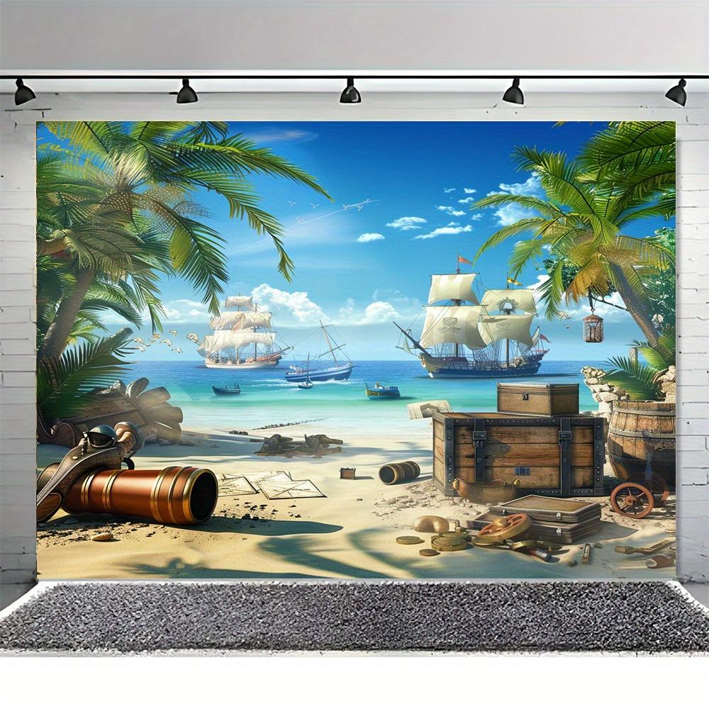 Pirate Party Backdrop - Ship and Sea Treasure Pattern for Birthday Party and Shower Decorations - S