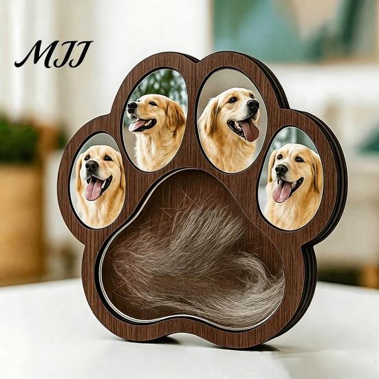 Pet Keepsake Memorial Frame Wooden Paw?Shaped Picture Frame, Photo with Fur Cat Remembrance Storage Compartment, Loss Tabletop Ornament for Dog Box