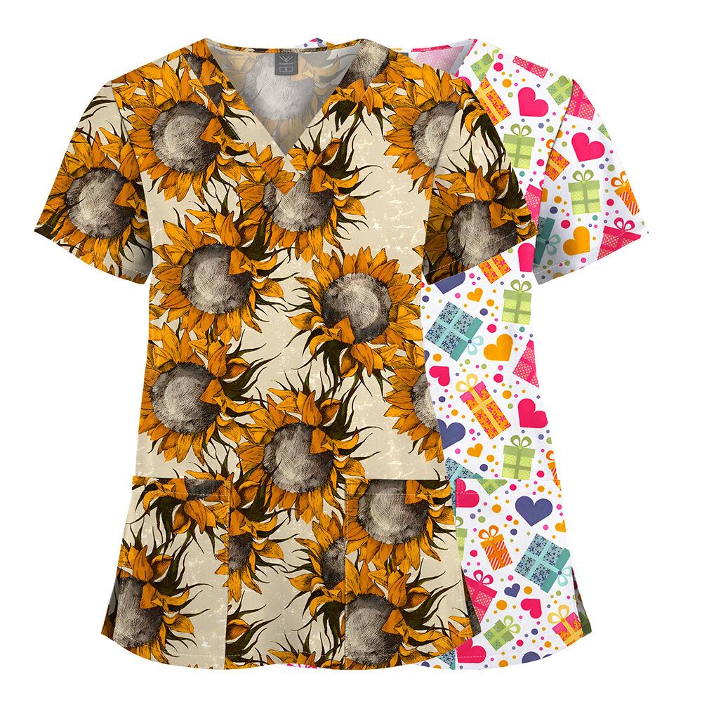 Quick-Drying Printed T-Shirt Short-Sleeved V-Neck Dental Oral Hand Wash Clothes Beauty Salon Pet Hospital Doctor Nurse Overalls