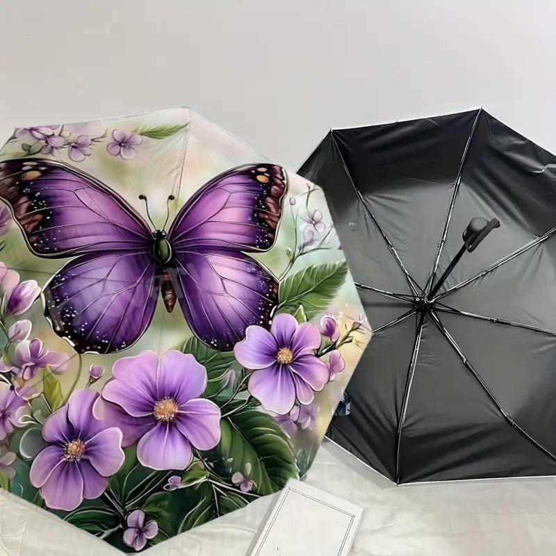 1PC Butterfly FlowersAutomatic Open/Close Umbrella with Windproof, 8-Rib Sturdy Canopy, Durable Ribs, Fashionable Design, Outdoor Accessory, Fun Prin,