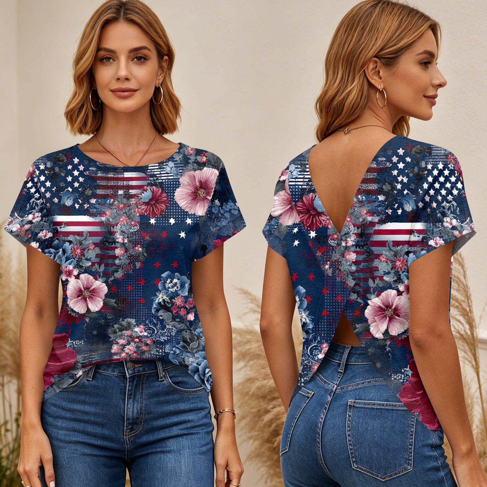 

Women Short Sleeve Cross Back Top Independence Day Print T Shirt Casual Summer Blouse Lightweight Breathable Fabric XXL Темно-синій