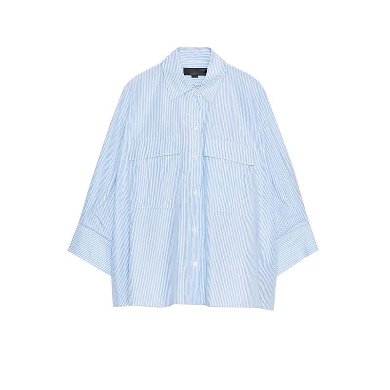 

Summer New Product Women s Clothes Lyocell Blended Straight-leg Hem Stripes Lapel Long Sleeve Shirt 3304620 Blue L