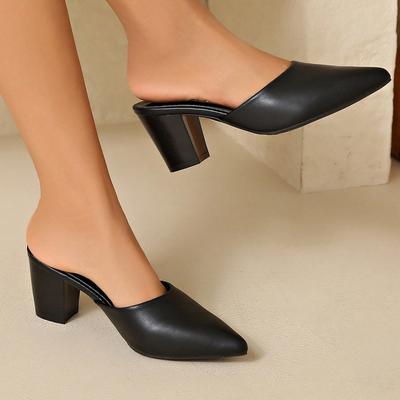 Fashion Pointed Toe Shallow Mouth Slippers Women's Summer New Soft Leather Soft Sole Anti-slip Wear-resistant Block Heel High Heels
