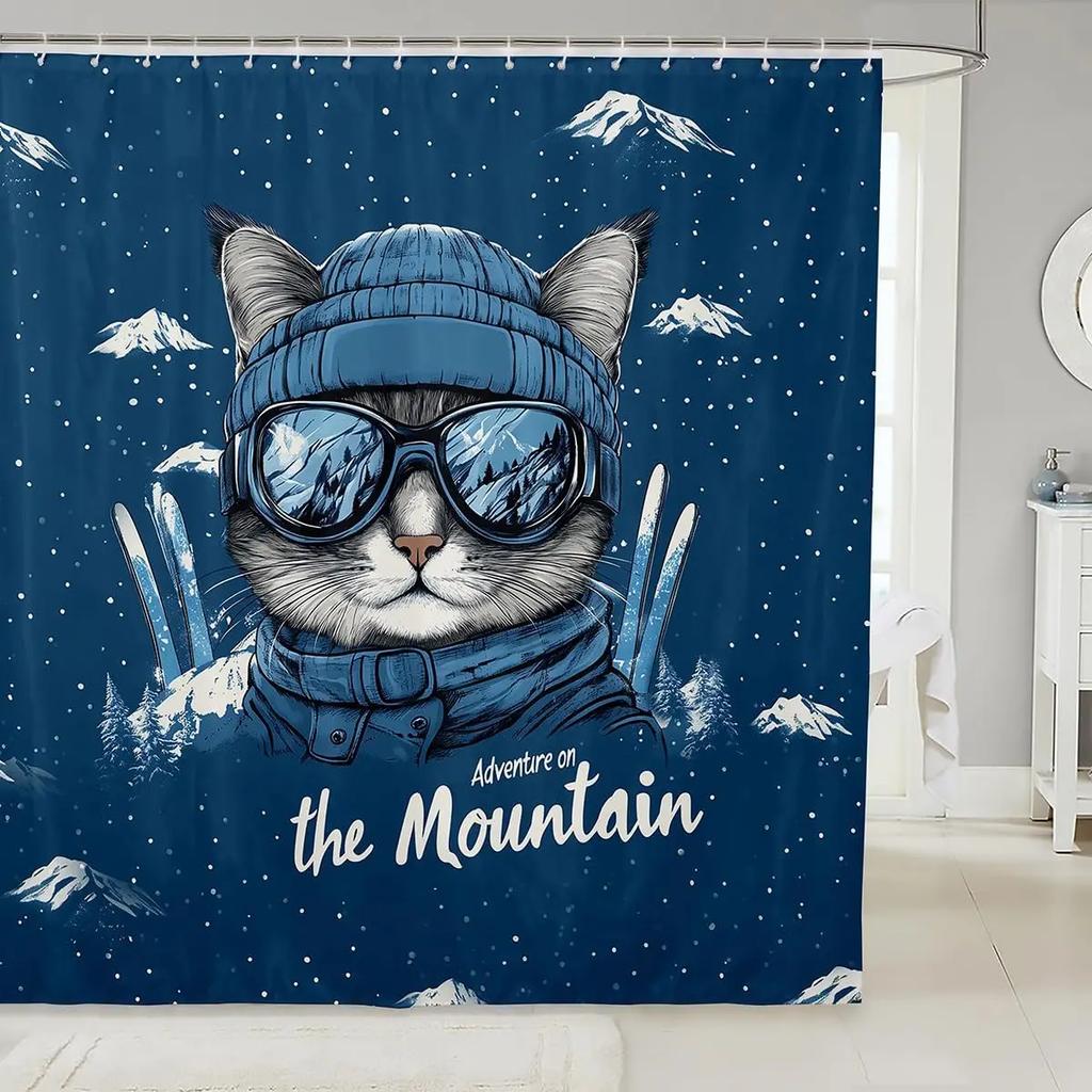 3D Black Cat Shower Curtain Green Plants Patchwork Geometric Plaid Bathroom Curtain for Kids Teens Adults Cute Pet Animal Mode